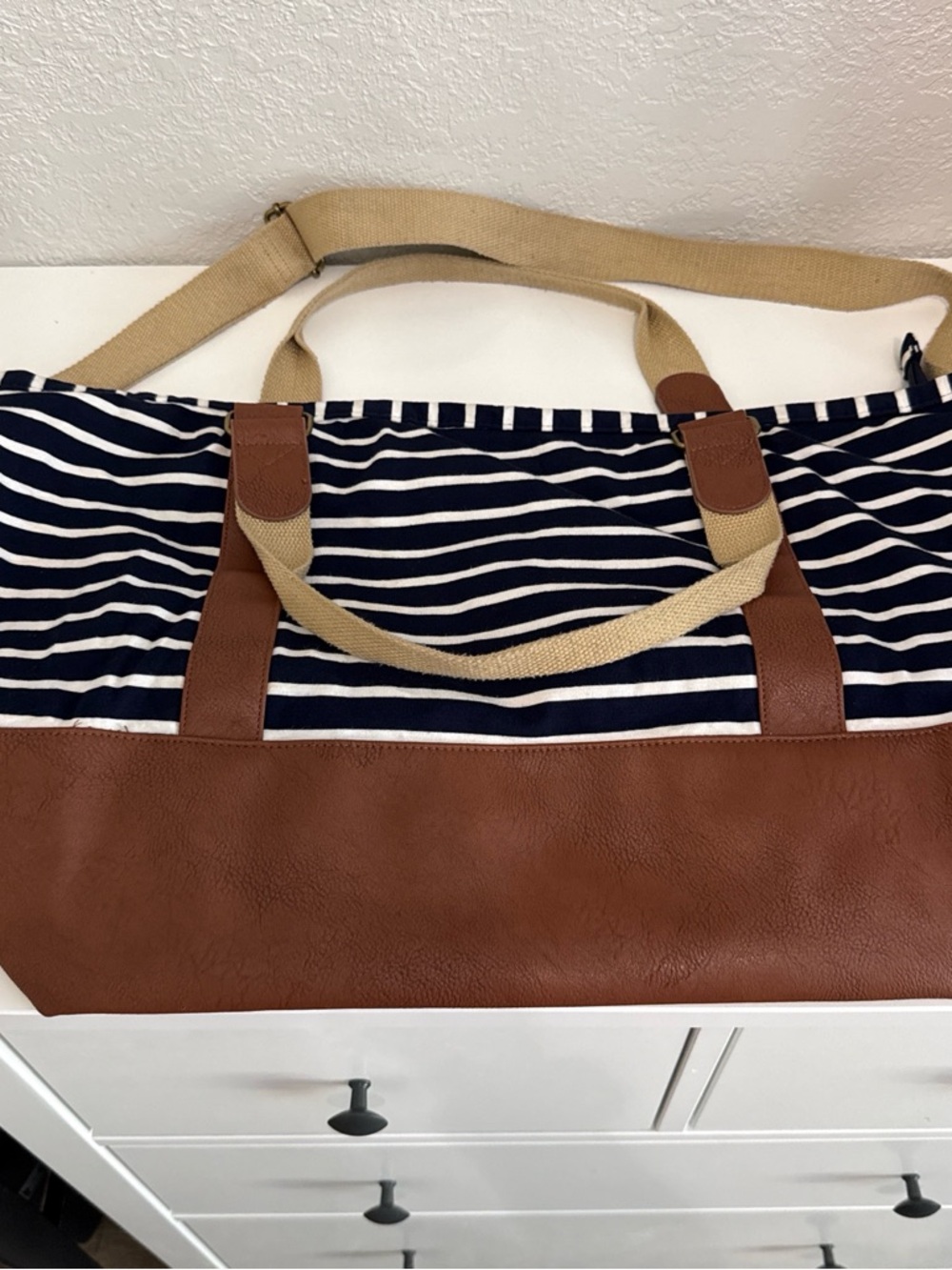 Madden Girl Navy and White Striped Tote with Brown Trim